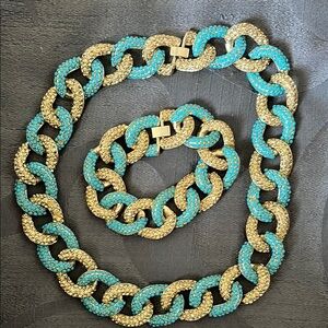Gold and Blue Chunky Chain-Link Necklace and Bracelet set